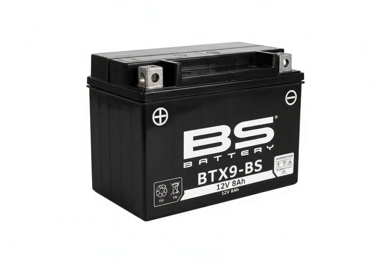 Black battery with 'BS' branding on a white background