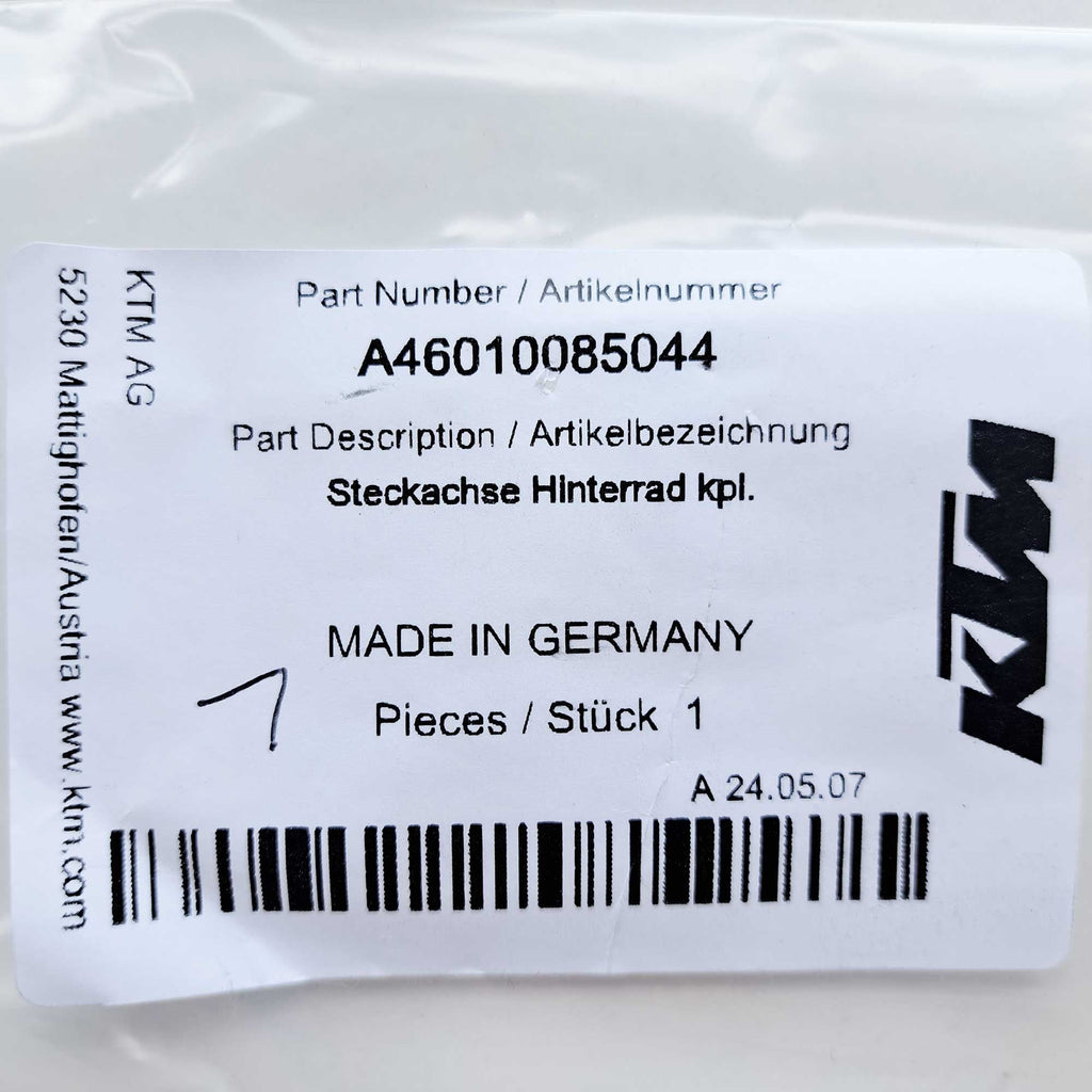 KTM Genuine Part - Rear Spindle, KTM SX/SXF 125-450 23-26, EXC/EXCF 125-500 24-26, Husqvarna TC/FC 125-450 23-26, FE/TE 125-501 24-26, Gas Gas 125-500 24-26 - A46010085044