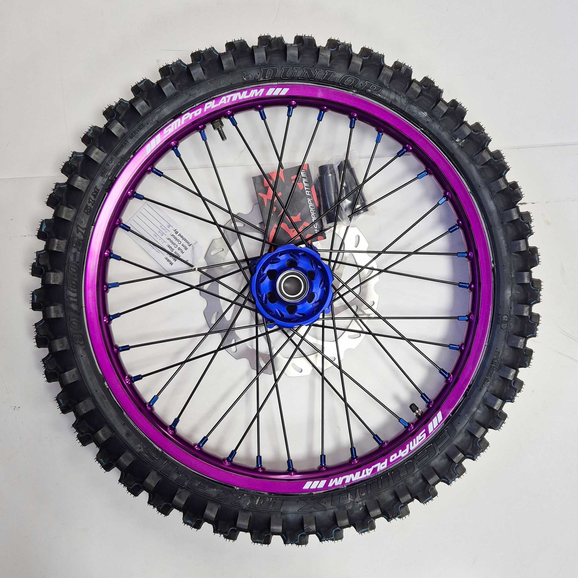 SMPro - Platinum Wheel Set - 21"/19" - KX125/250 06-08, KXF250/450 06-25 - Purple Rim/Blue Hub & Nipples