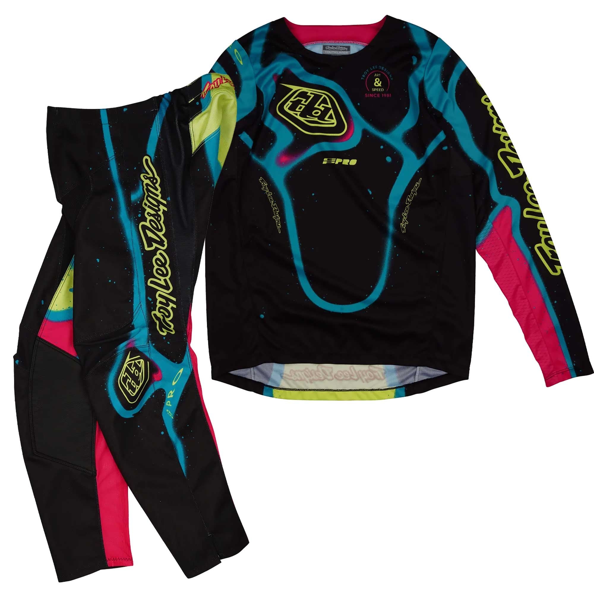 Troy Lee Motocross Kids | Youth Jersey & Pant Kit - GP Pro MEMBRANE (Black/Teal/Pink/Glo Yellow)
