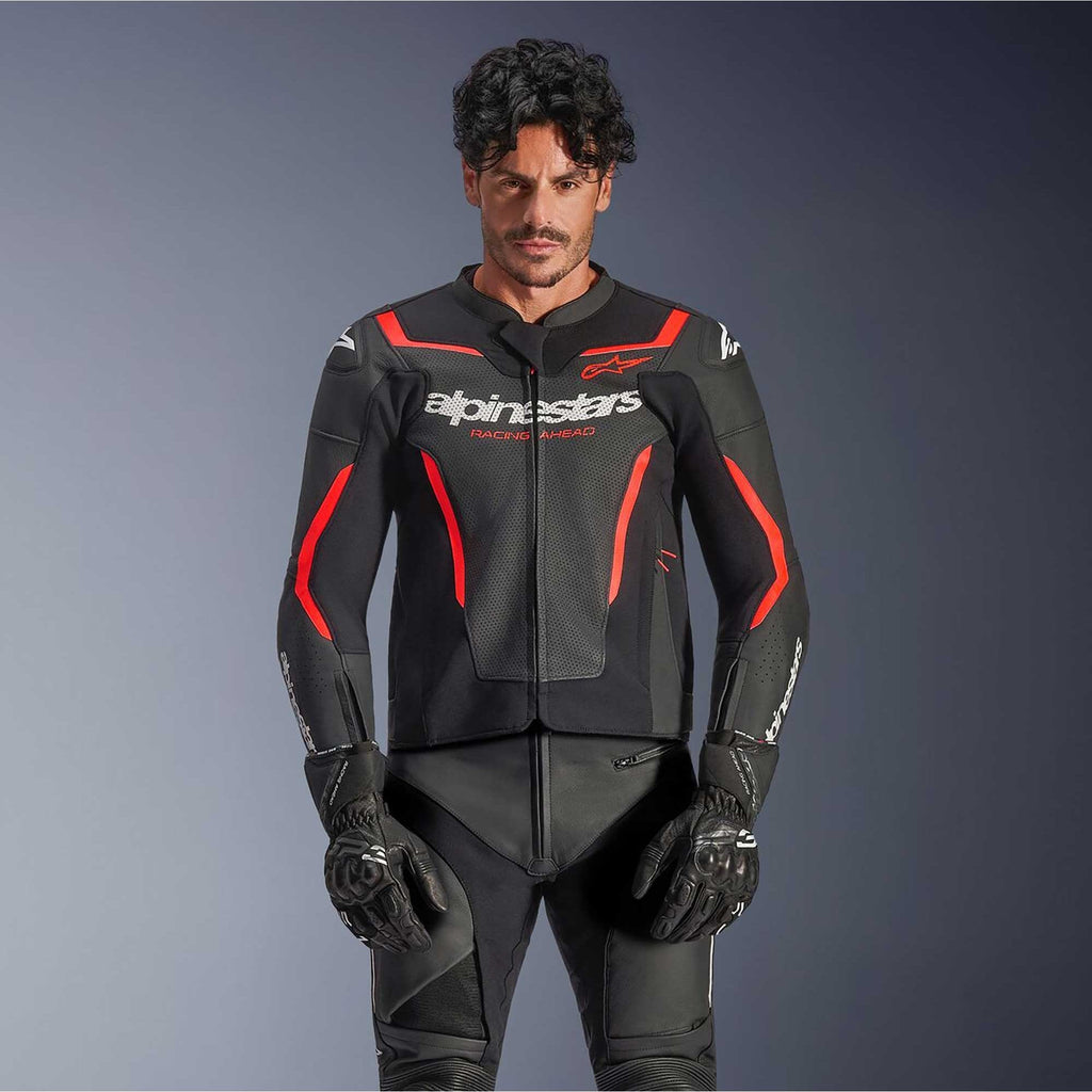 Alpinestars GP FORCE V2 Airflow Motorcycle Leather Jacket (Black/Red Fluo)