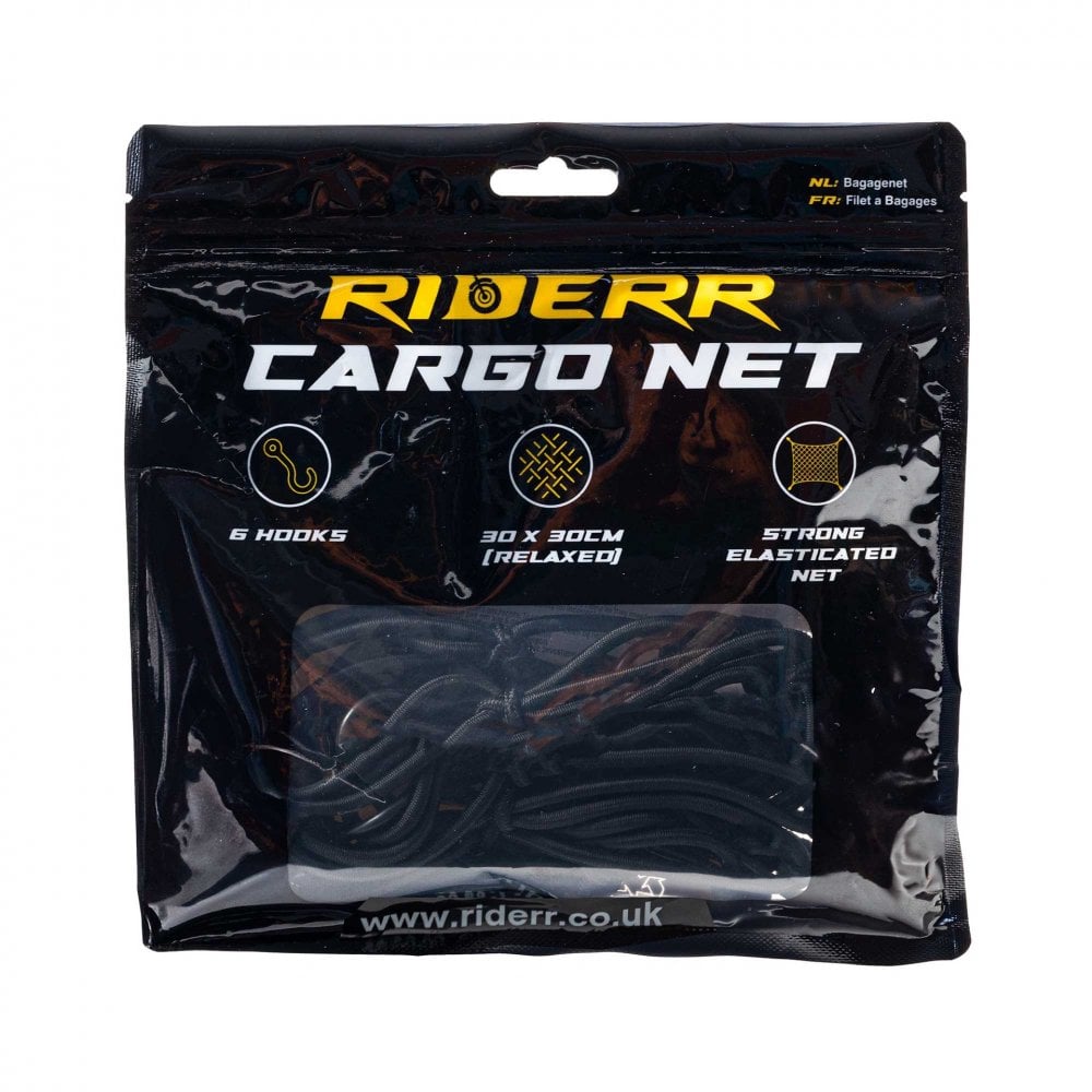 RIDERR Motorcycle Cargo Net - 30x30cm (Relaxed) | 6x Steel Hooks | Great for securing your luggage (Black)