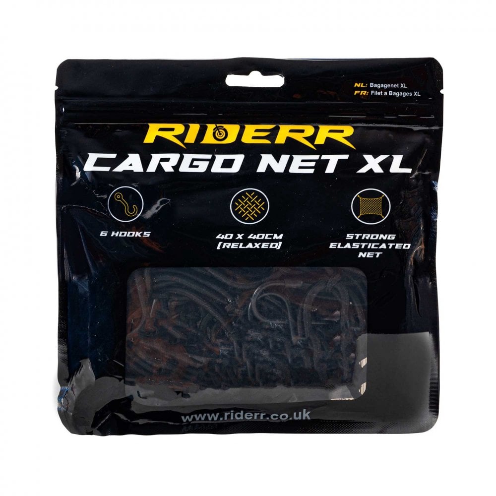 RIDERR Motorcycle Cargo Net XL - 40x40cm (Relaxed) | 6x Steel Hooks | Great for securing your luggage (Black)
