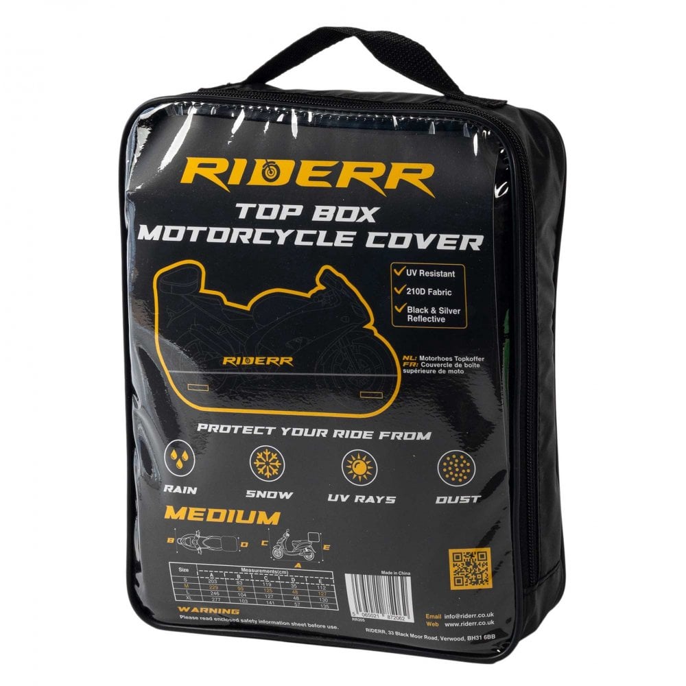 RIDERR Motorcycle Cover + Top Box - Indoor & Outdoor |UV Resistant | Chain loop Holes | Elasticated Base + Strap (Black/Silver)