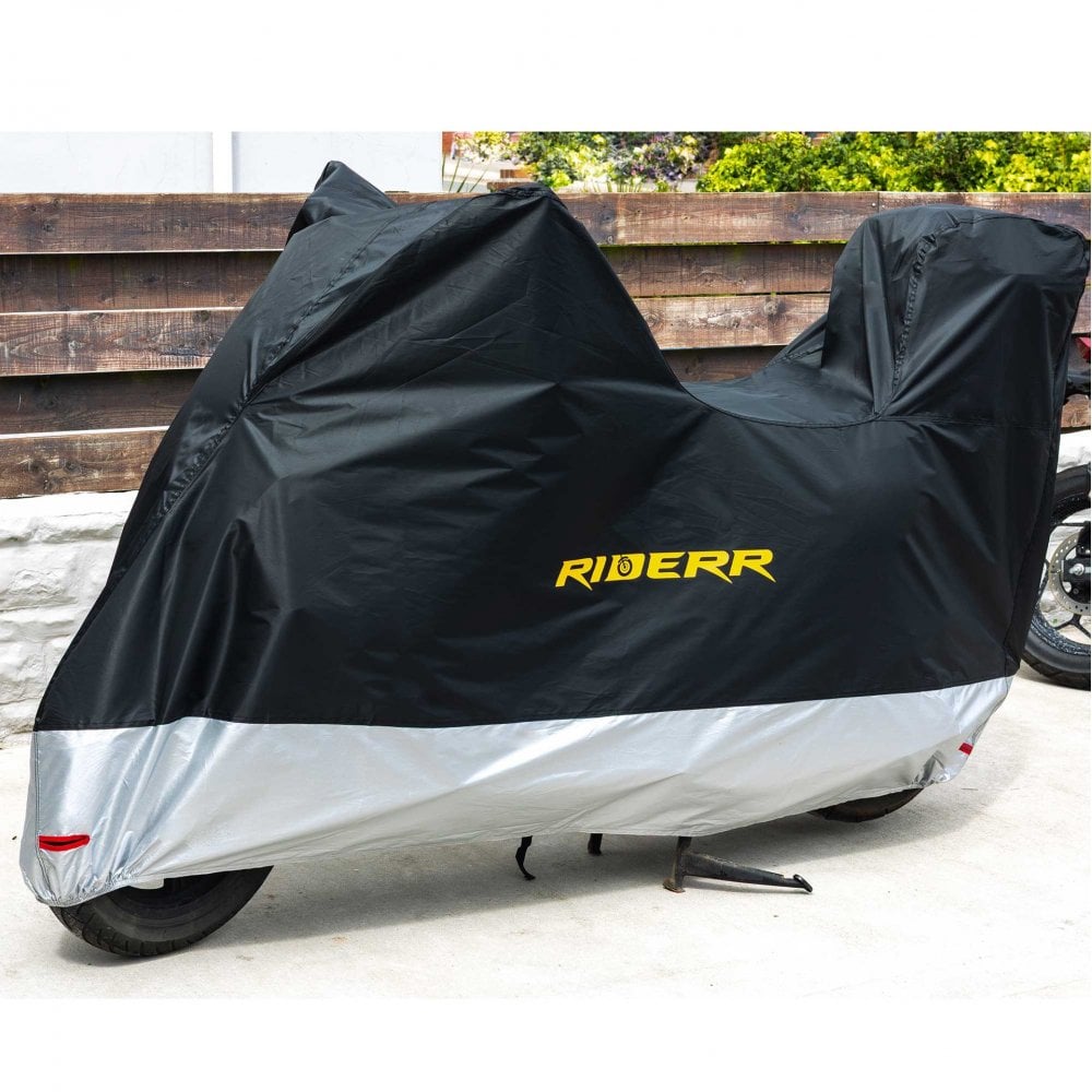 RIDERR Motorcycle Cover + Top Box - Indoor & Outdoor |UV Resistant | Chain loop Holes | Elasticated Base + Strap (Black/Silver)