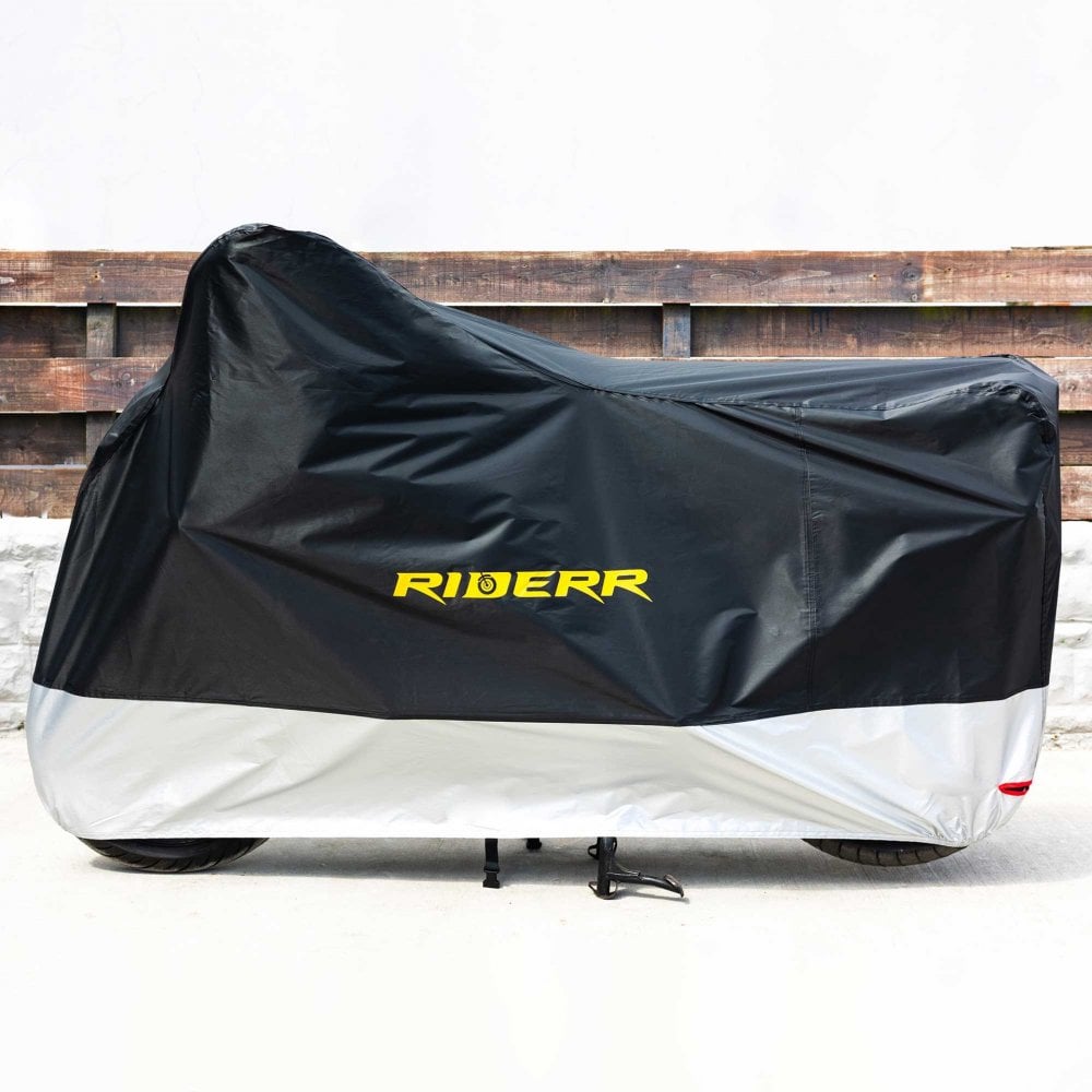 RIDERR Motorcycle Cover - Indoor & Outdoor |UV Resistant | Chain loop Holes | Elasticated Base + Strap (Black/Silver)