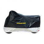 RIDERR Motorcycle Cover - Indoor & Outdoor |UV Resistant | Chain loop Holes | Elasticated Base + Strap (Black/Silver)