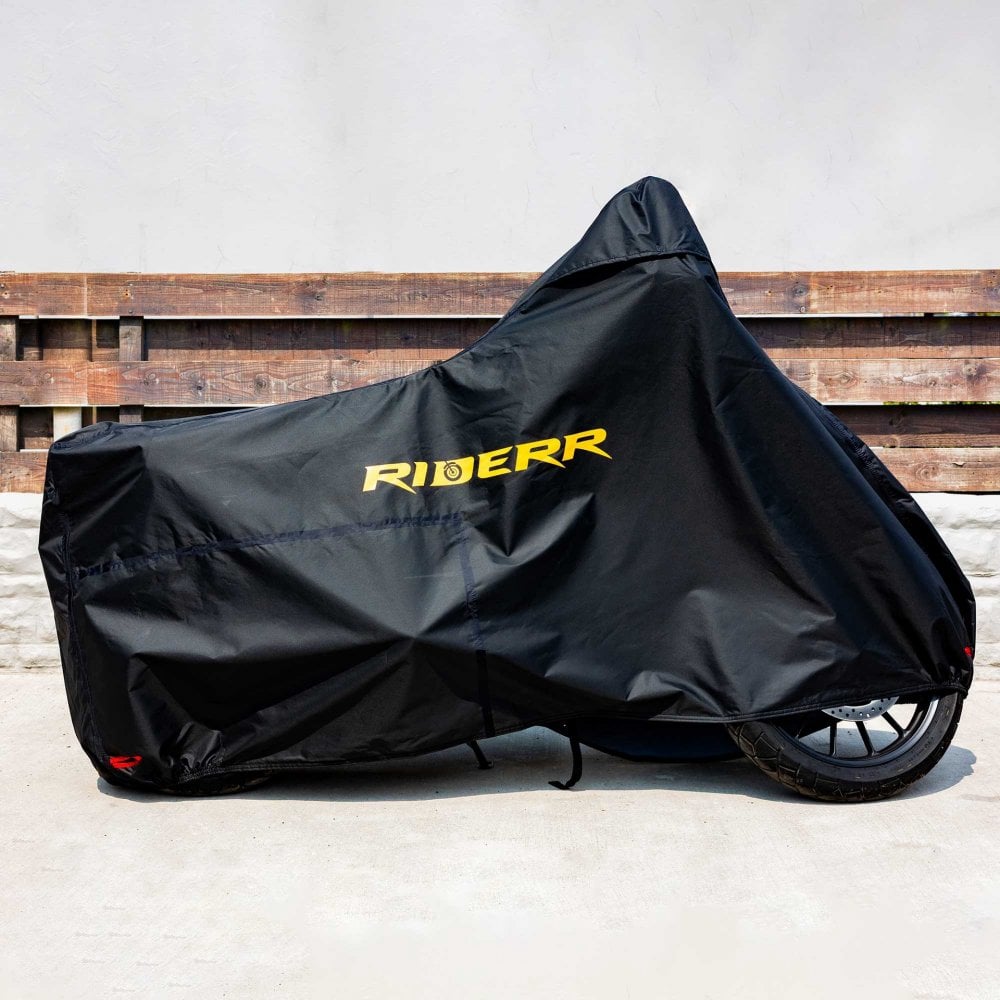 RIDERR Motorcycle Cover - Hurricane Premium All Weather |300d Oxford Fabric | UV Resistant | Fleece Linner | Chain loop Holes | Elasticated Base + Strap