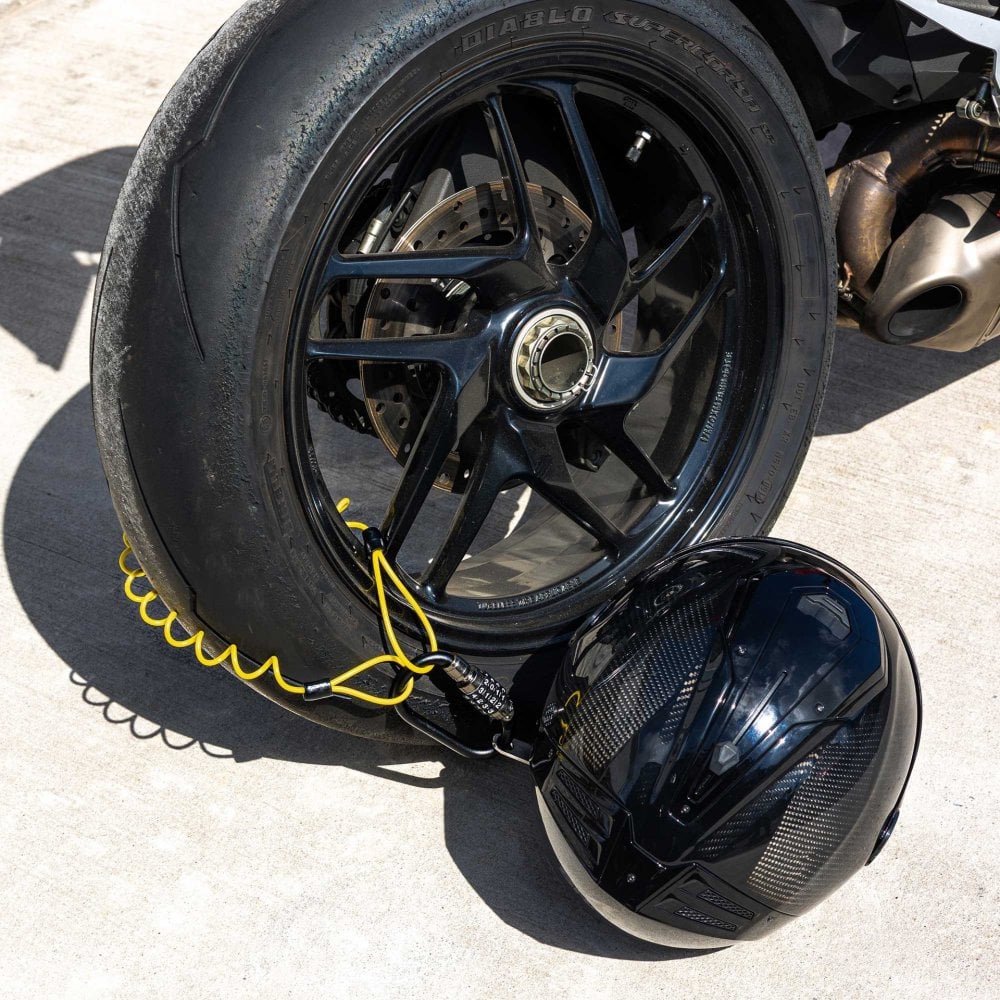 RIDERR Motorcycle Helmet Lock - Carabiner Combination Lock / T-Bar / Cable All in one Pack (Black/Yellow)