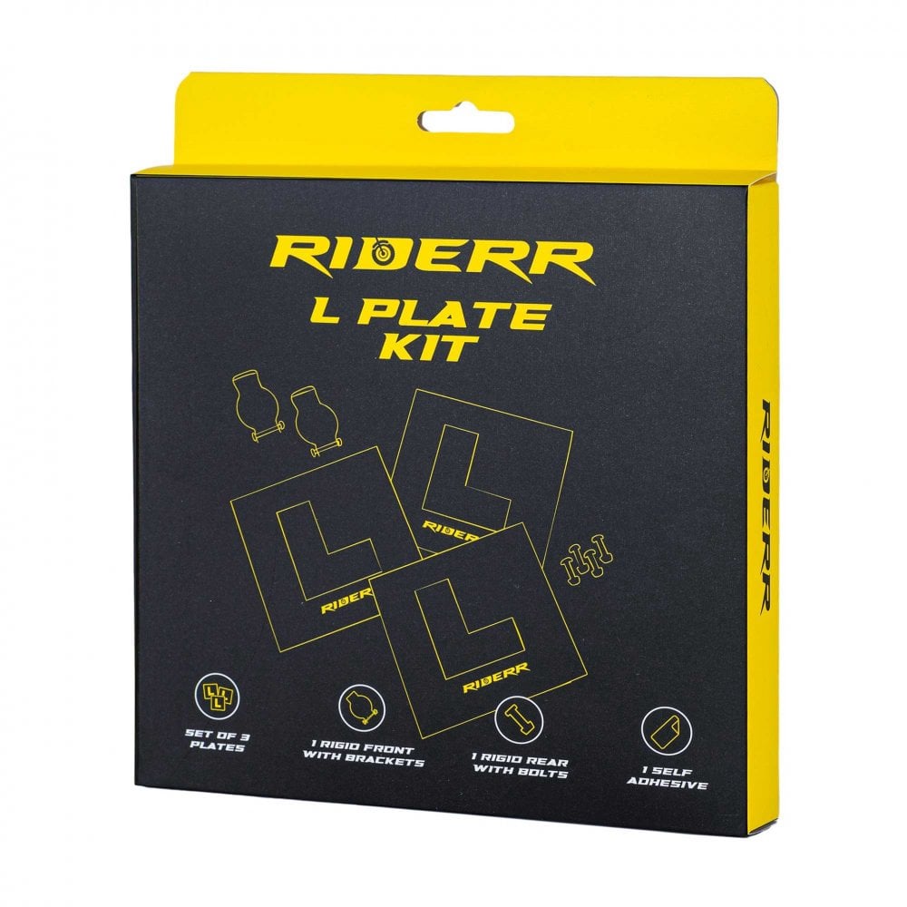 RIDERR Motorcycle L-Plates - Learner L Plate Kit (Rigid with Bracket / Rigid Rear / Self Adhesive / Number Plate Bolts)