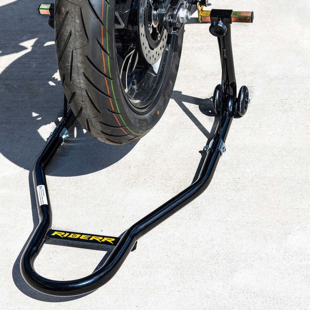 RIDERR Motorcycle Paddock Stand - Pro Model | 340kg | 32mm Steel Tube | Includes Universal & Bobbins Adaptors