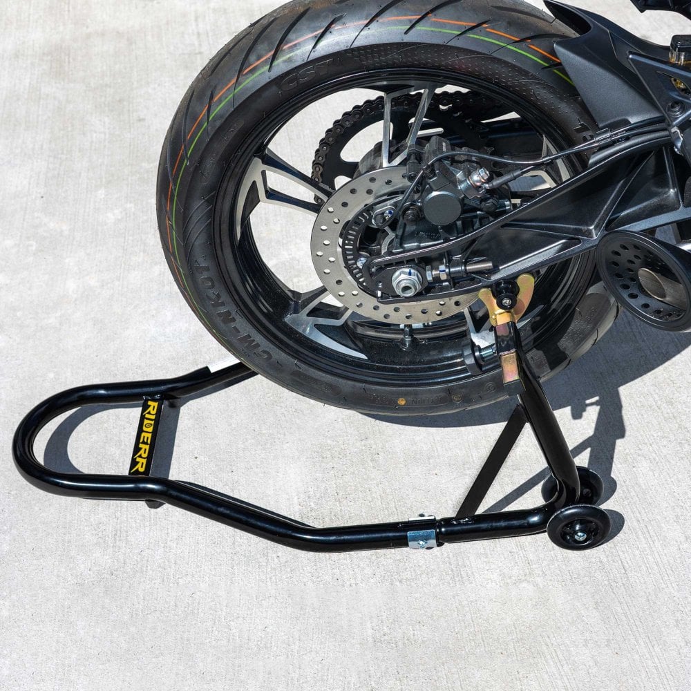 RIDERR Motorcycle Paddock Stand - Pro Model | 340kg | 32mm Steel Tube | Includes Universal & Bobbins Adaptors