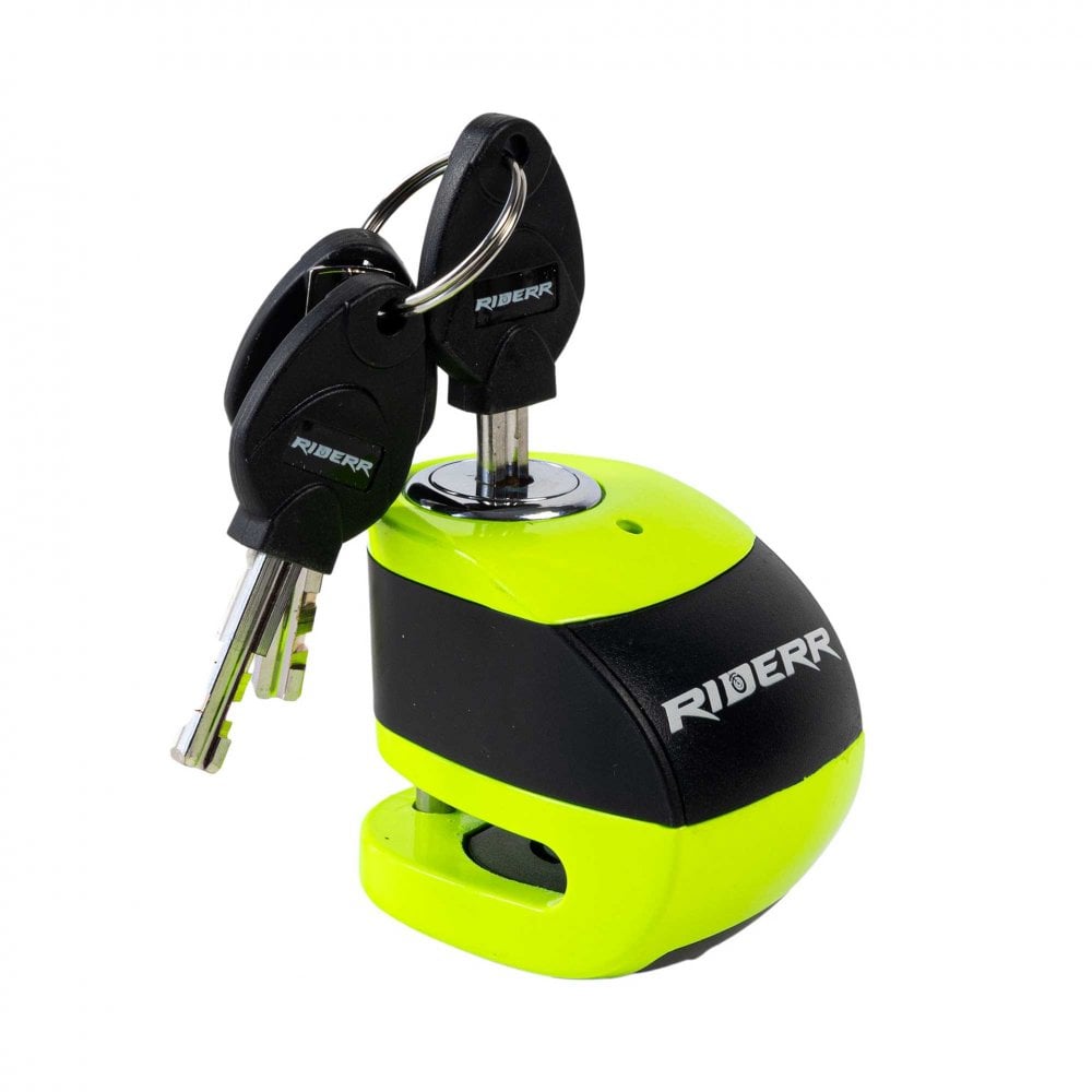 RIDERR Motorcycle RS6 Alarm Disc Lock 6mm Pin | 120db | IP67 Rated (Black/Green Fluo)