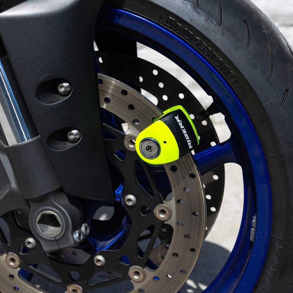 RIDERR Motorcycle RS6 Alarm Disc Lock 6mm Pin | 120db | IP67 Rated (Black/Green Fluo)