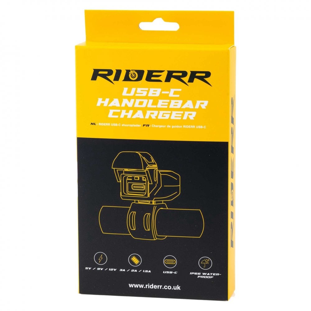 RIDERR Motorcycle USB Handlebar Charger - SAE Input to USB-C Output | 1.7m Cable | 5v 9v 12v | 3A 2A 1.5A