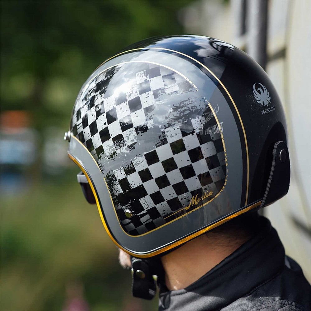 Merlin (2025) Open Face Helmet - Blackbird Jet - Racer (Gloss Grey/Black/Gold)