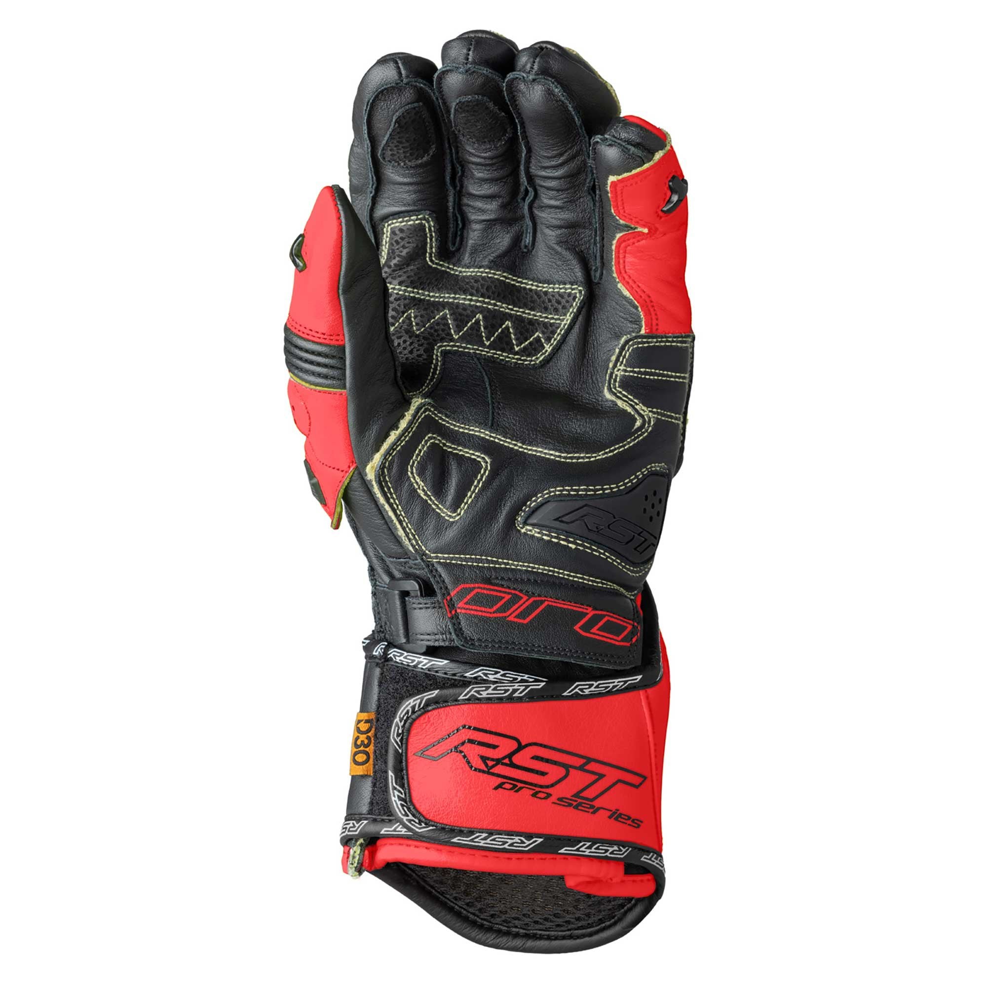 RST Motorcycle Race | Road Leather Gloves - Pro Series GP D3O Armour (Black / Flo Red)
