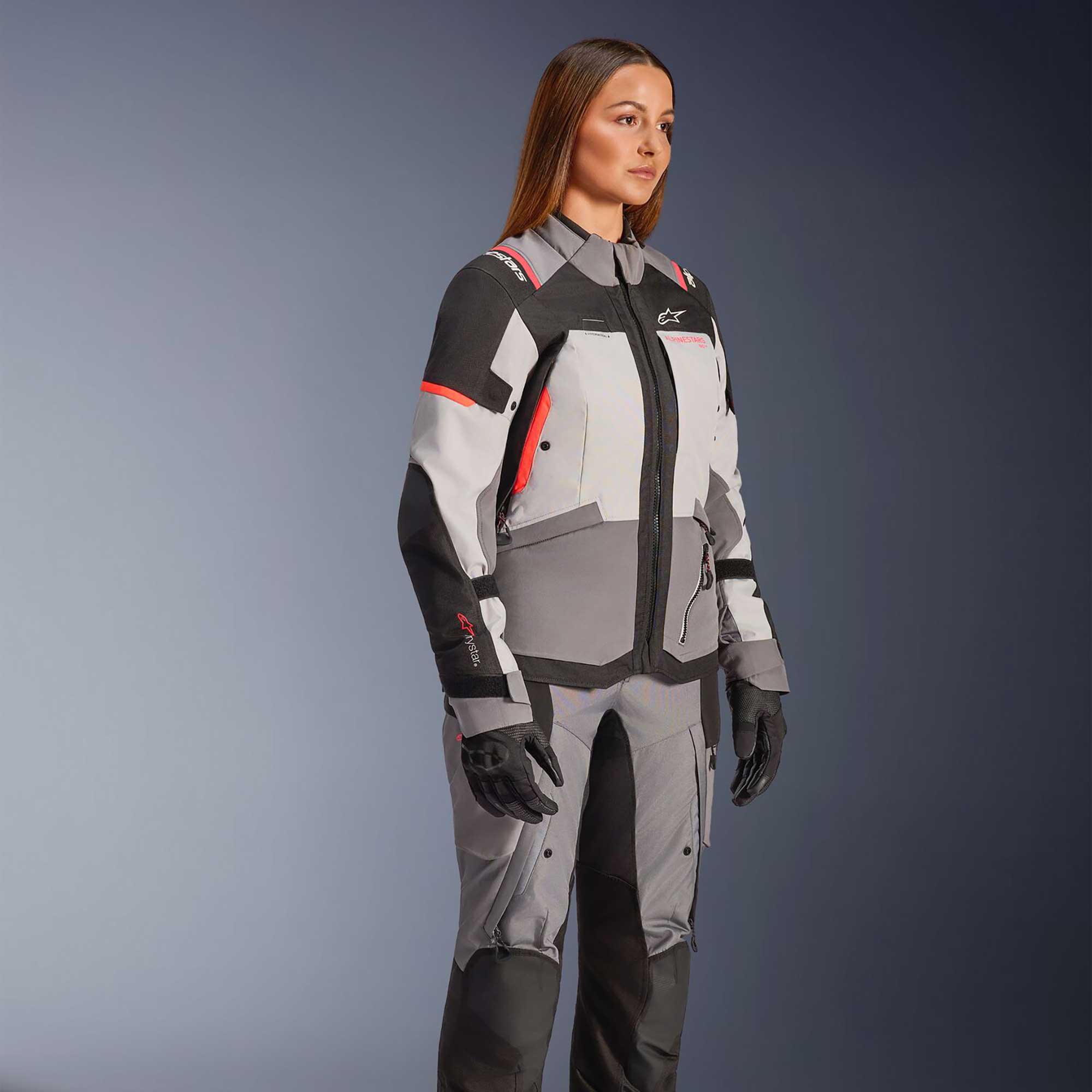 Alpinestars Women's Andes Drystar V4 Motorcycle Textile Jacket (Ice Grey/Dark Grey/Black/Coral Fluo)