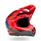 Red and black motorcycle helmet with blue accents on a carbon background