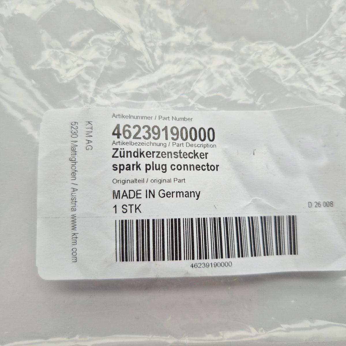 KTM Genuine Part - Spark Plug Cap - KTM SX65 25-27, Husqvarna TC65 25-27, Gas Gas MC65 25-27 - K46239190000