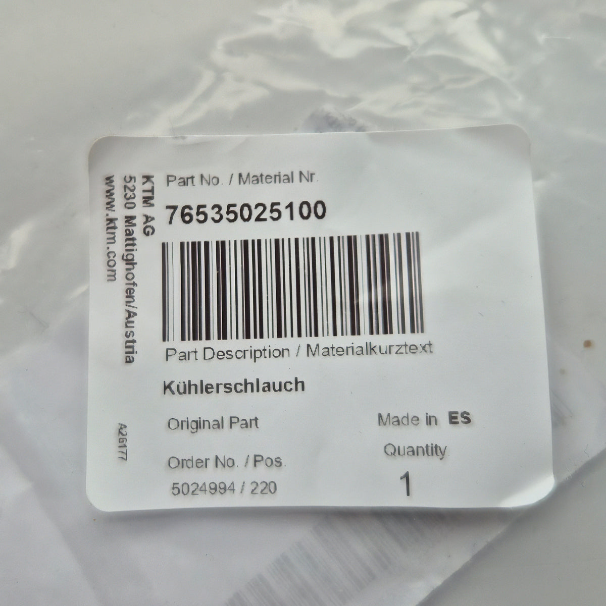 KTM Genuine Part - Cooling Hose - K76535025100