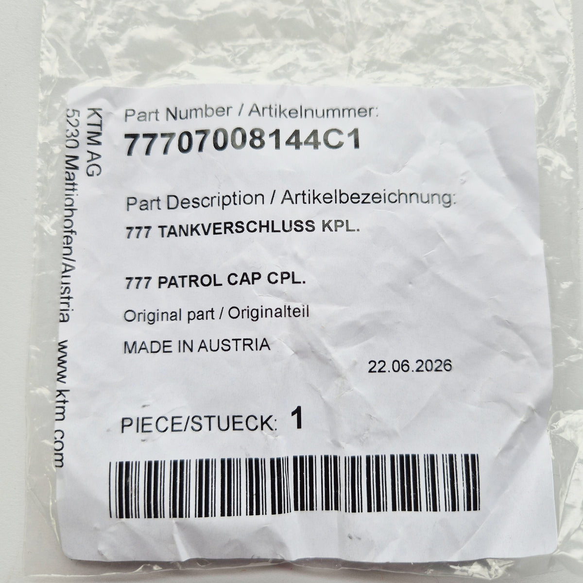 KTM Genuine Part - Fuel Tank Cap - KTM SX65 24-27, SX/SXF 85-450 13-27, Husqvarna TC65 24-27, TC/FC 85-450 14-27, Gas Gas MC65 24-27, MC/MCF 85-450 21-27