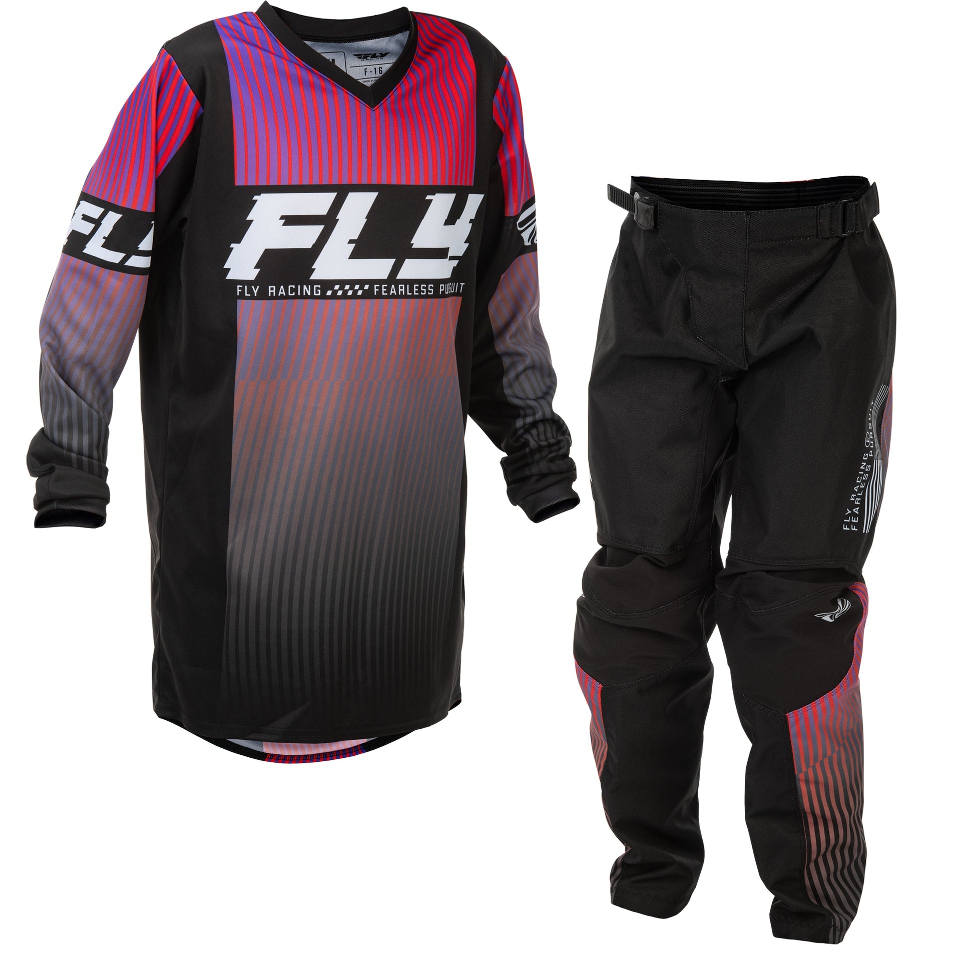 FLY Youth MX Jersey & Pant Kit Deal - F-16 (Black/Red/Purple) YL/Y26"