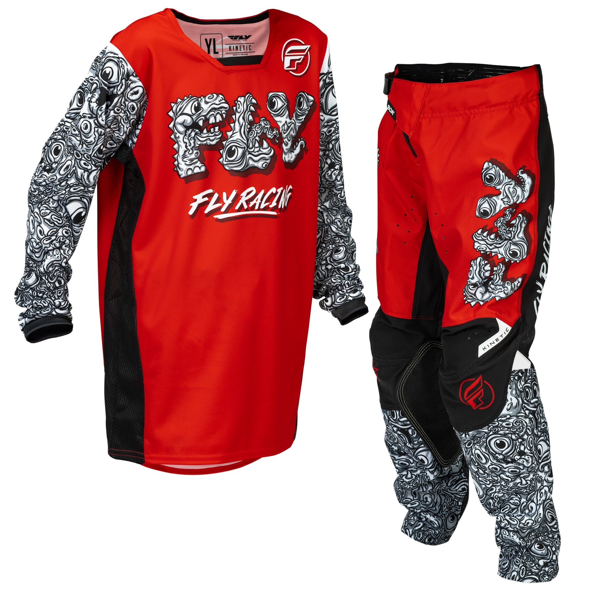FLY Youth MX Jersey & Pant Kit Deal - Kinetic MUTANT (Red/White/Black) YL/Y26"