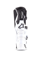 White and black motorcycle boot with brand logo on a white background