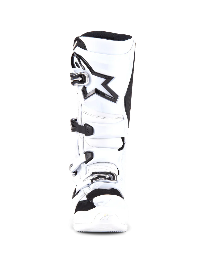 White motocross boot with black star logo on a white background