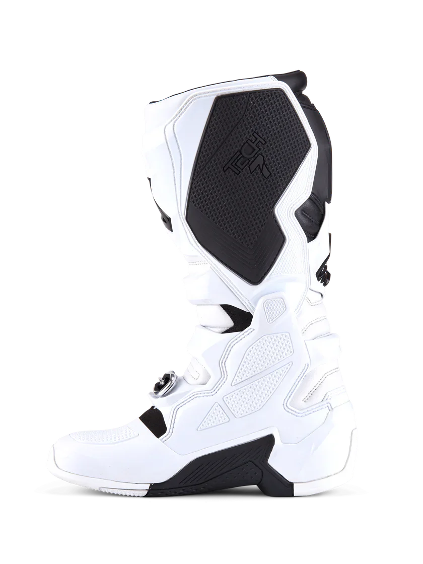 White and black motocross boot on a white background