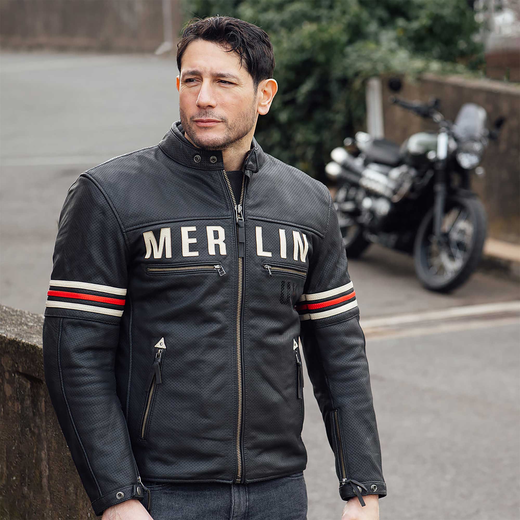 Merlin Revival D3O Motorcycle Leather Jacket (Black/Vintage